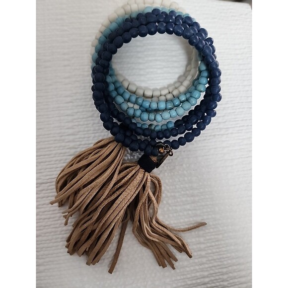 Mare Sole Amore Wrap Bracelet Multicolor Blues  Beaded Tassels Charm NWOT Boho - Picture 2 of 10